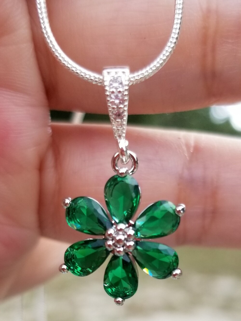Sterling Silver Emerald Flower Pendant Necklace, Emerald Jewelry